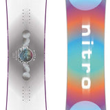 Nitro Women's Optisym Snowboard 2024 - A snowboard with a white base and blue, orange, and purple gradient design on top.