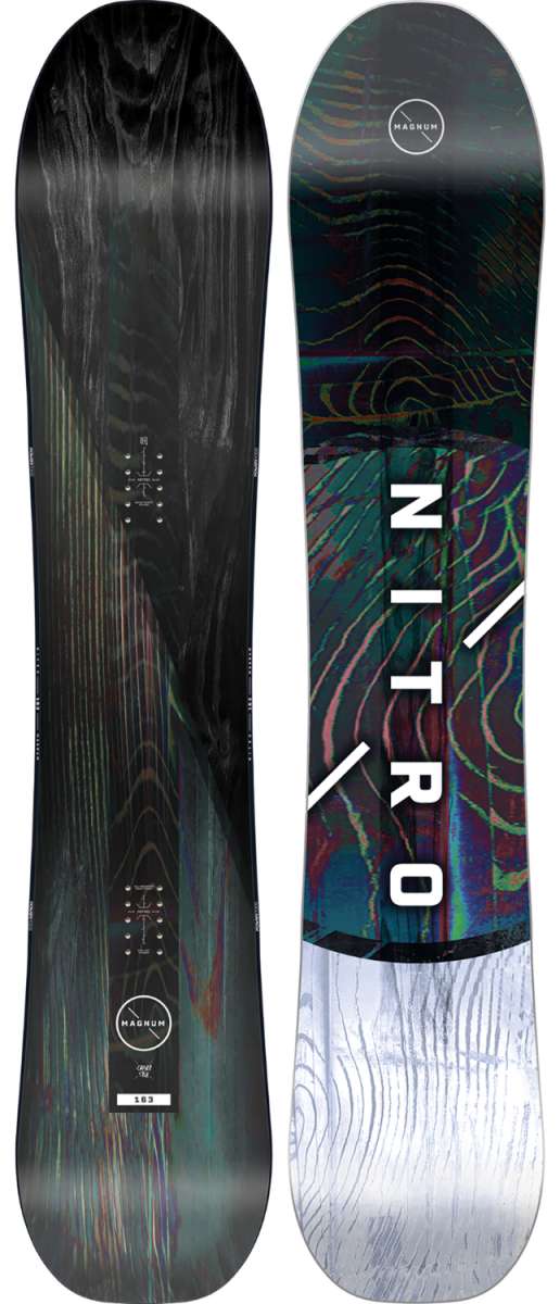 Nitro Magnum Snowboard 2024 - A black snowboard with a white logo and text on top of a swirling pattern of blue, green, red, and yellow lines.