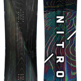 Nitro Magnum Snowboard 2024 - A black snowboard with a white logo and text on top of a swirling pattern of blue, green, red, and yellow lines.