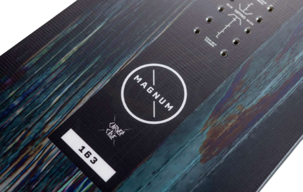 Nitro Magnum Snowboard 2024 - A black snowboard with a white logo in the center and small white text at the top right corner.