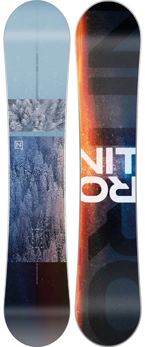 Nitro Prime View Snowboard 2024 - A snowboard with a black background and white lettering that says "Prime View".