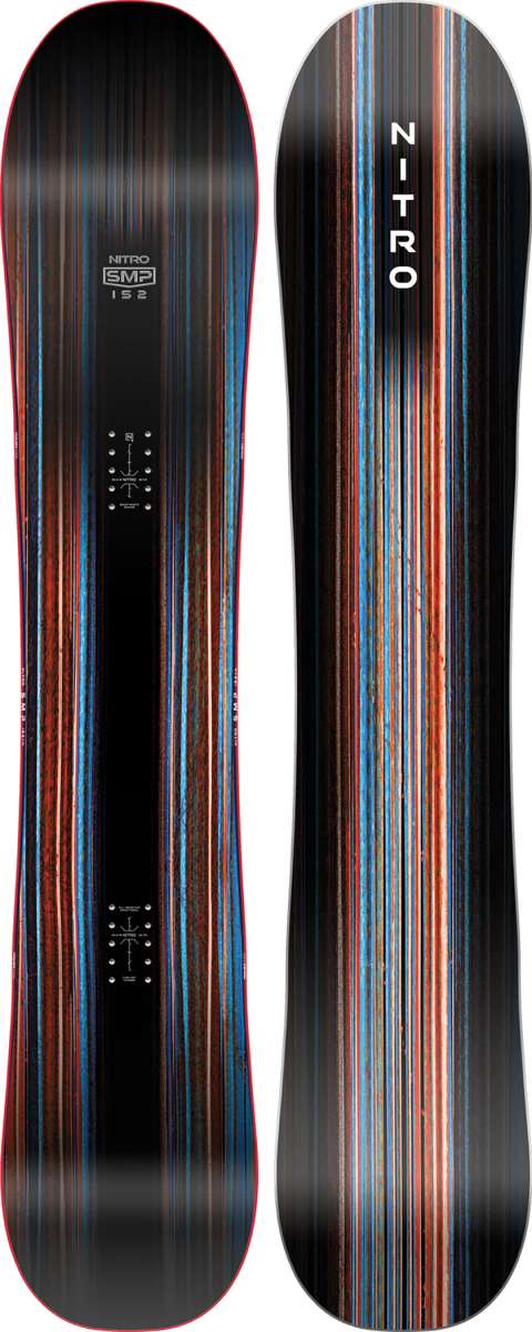 Nitro SMP Snowboard 2024 - A black snowboard with blue, red and white stripes.