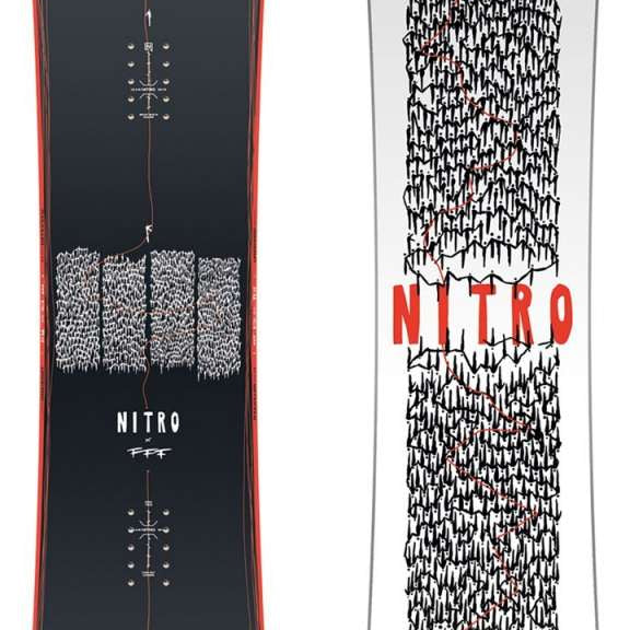 Nitro T1 X FFF Snowboard 2024 - Black snowboard with white logo and red outline on top.