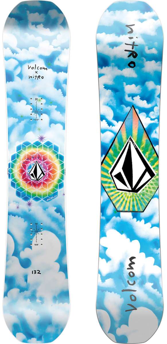Nitro X Volcom Youth Ripper 2024 - A blue snowboard with a white geometric pattern and black writing on top of a white background.