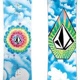 Nitro X Volcom Youth Ripper 2024 - A blue snowboard with a white geometric pattern and black writing on top of a white background.