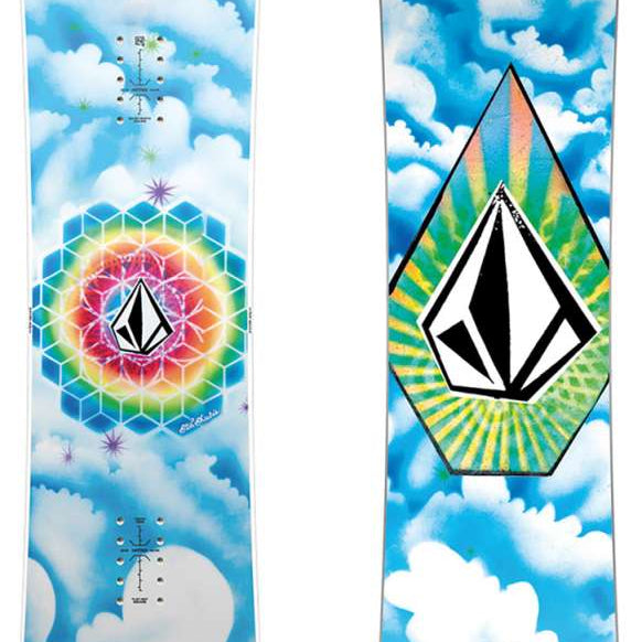 Nitro X Volcom Youth Ripper 2024 - A blue snowboard with a white geometric pattern and black writing on top of a white background.