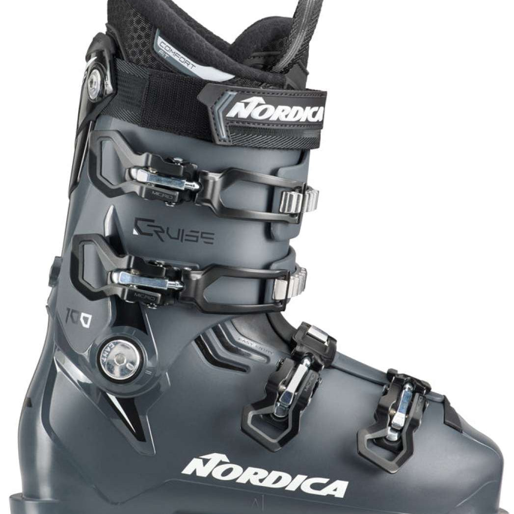 Nordica Cruise 100 Ski Boots 2024 - A pair of dark gray ski boots with silver buckles and straps.