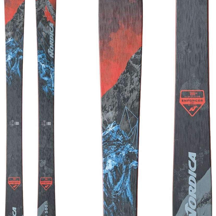 Nordica Enforcer 100 Skis 2024 - Black skis with a blue and white graphic of a mountainous landscape.