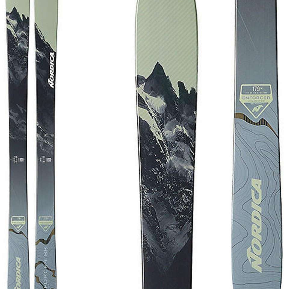 Nordica Enforcer 88 Unlimited Skis 2024 - A pair of skis with a black and white mountain graphic on a light gray background.