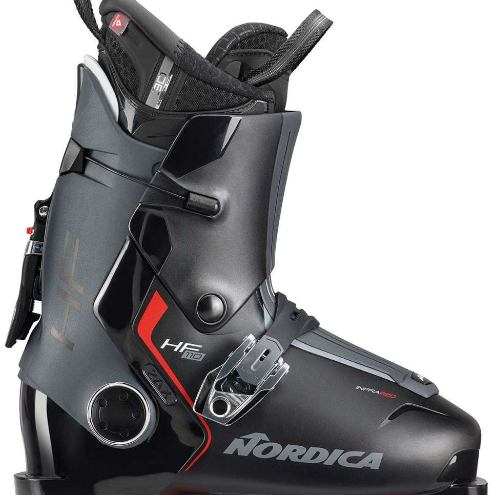Nordica HF 110 Ski Boots 2024 - Black ski boots with red accents and silver buckles.