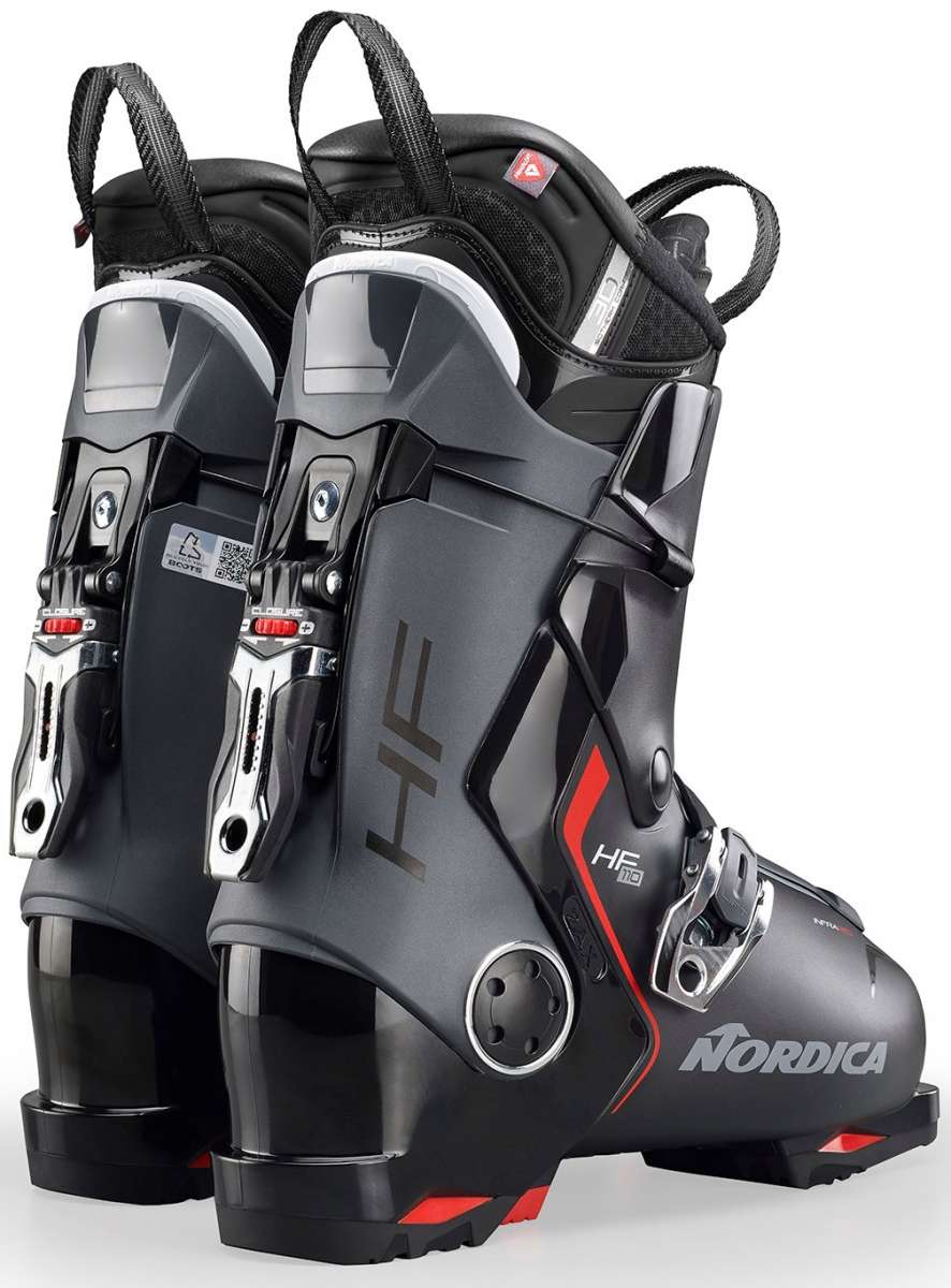 Nordica HF 110 Ski Boots 2024 - Black ski boots with silver buckles and red accents on the side.