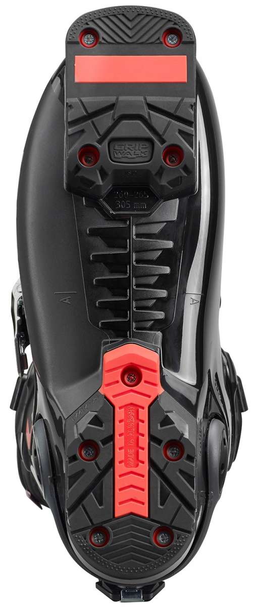 Nordica HF 110 Ski Boots 2024 - Black ski boots with silver buckles and red accents on the tongue.