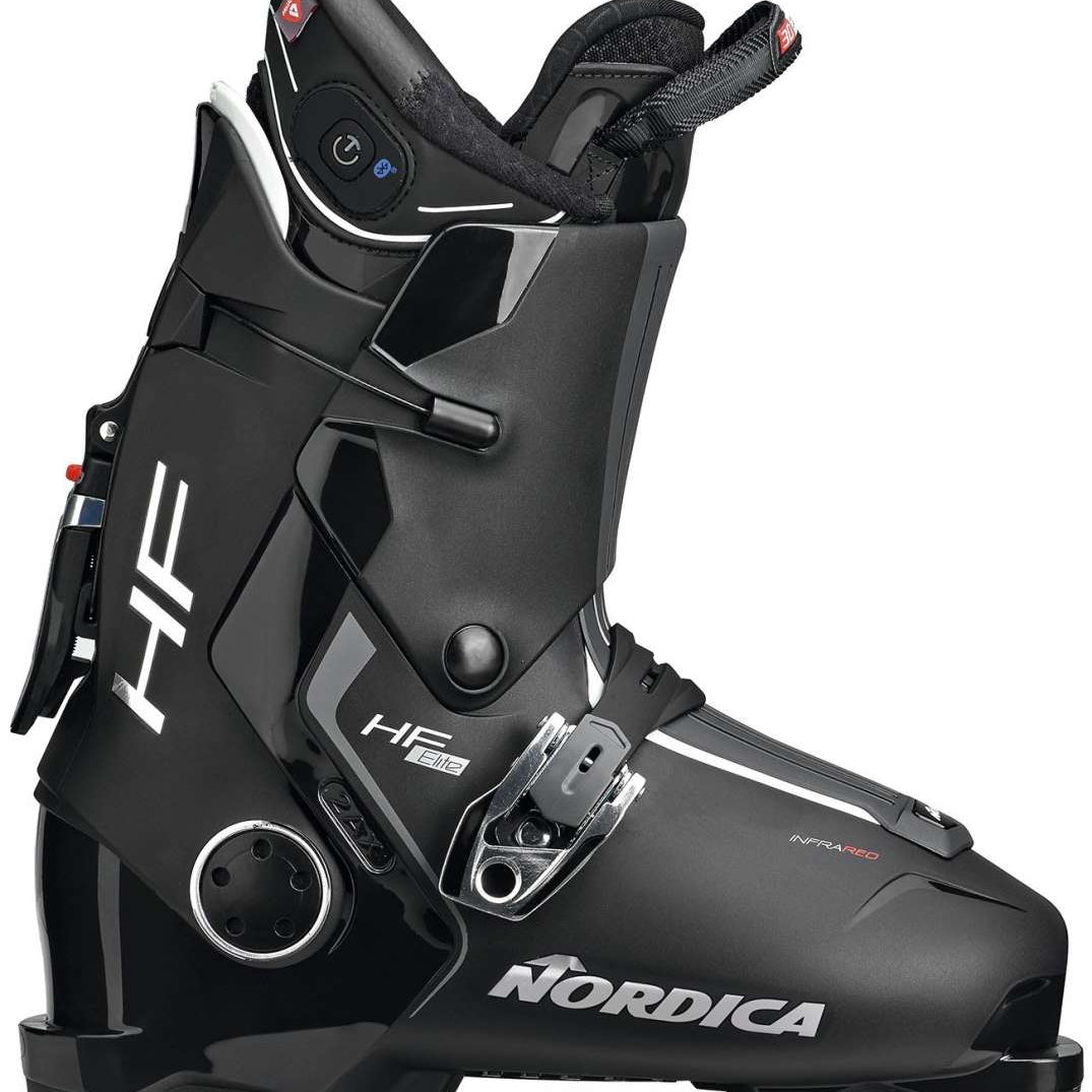 Nordica HF Elite Heat Boot 2024 - Black ski boot with white lettering and a silver buckle on the side.