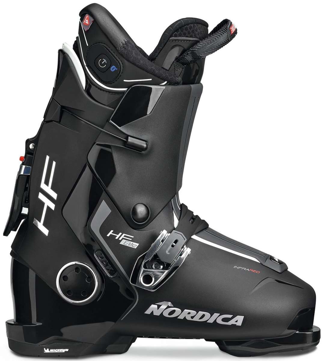 Nordica HF Elite Heat Boot 2024 - Black ski boot with white lettering and a silver buckle on the side.