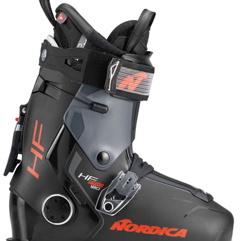 Nordica HF Pro 120 Ski Boots 2024 - Black ski boots with silver buckles and red lettering.