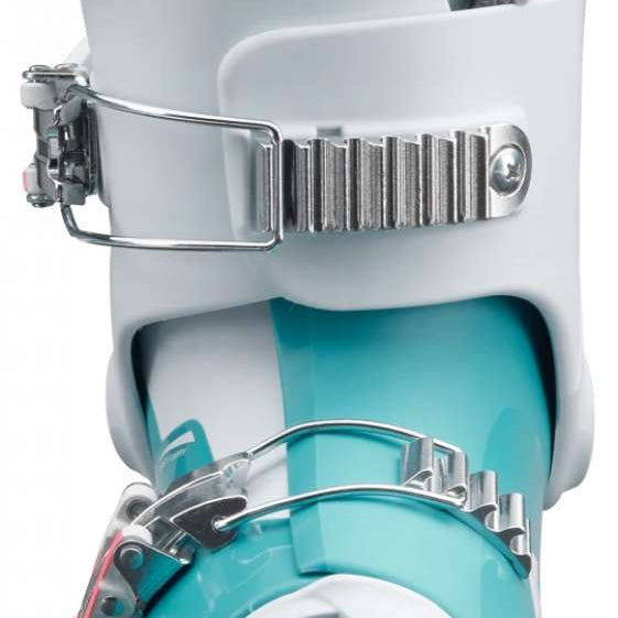 Nordica Junior's Speedmachine J 2 Ski Boots 2024 - A pair of white ski boots with a fuzzy gray strap on top.