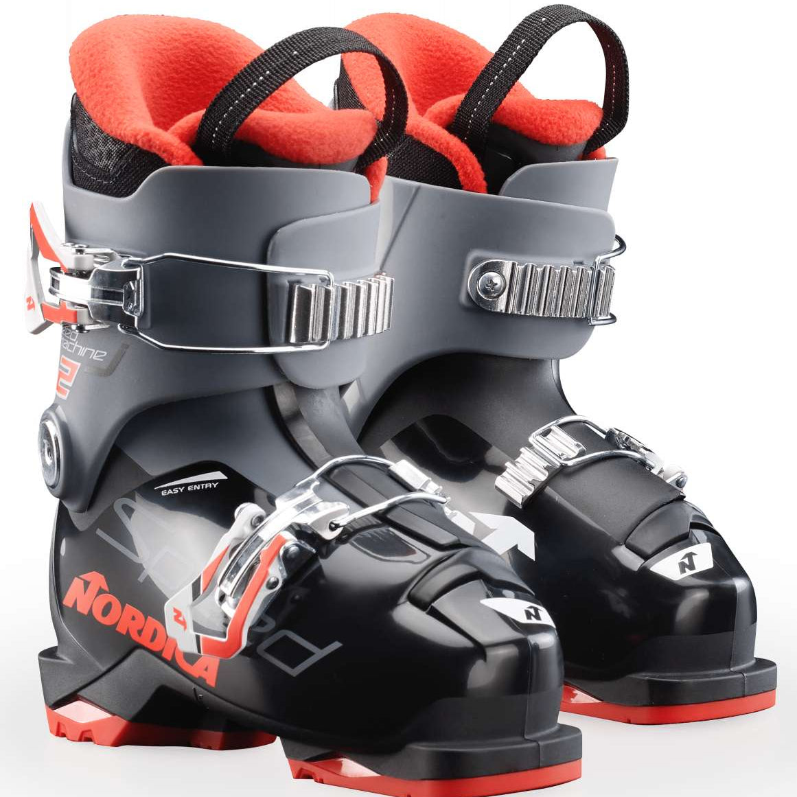 Nordica Junior's Speedmachine J 2 Ski Boots 2024 - Black ski boots with red accents and silver buckles.
