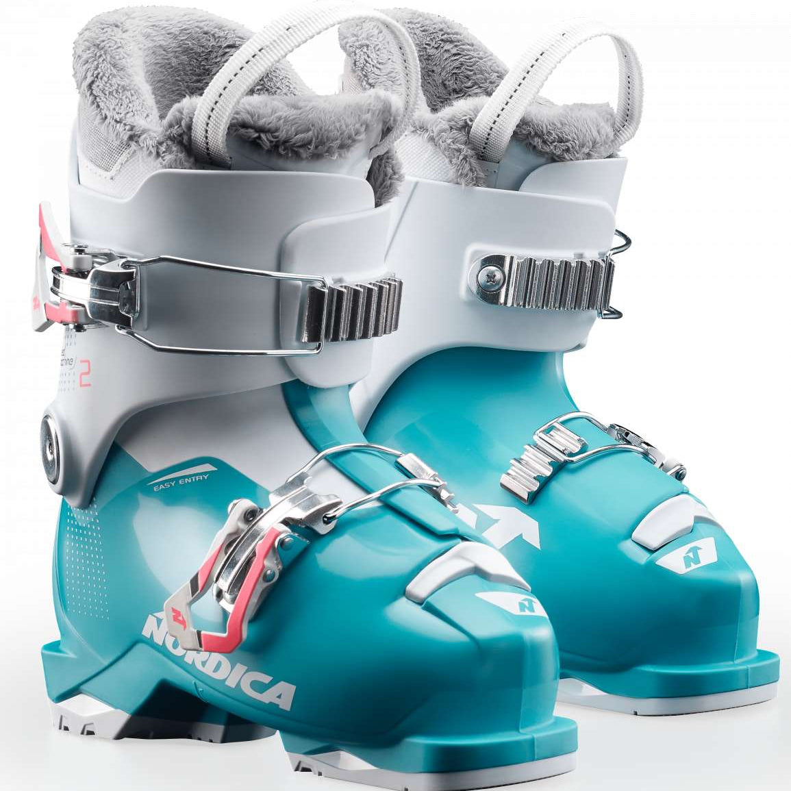Nordica Junior's Speedmachine J 2 Ski Boots 2024 - A pair of turquoise ski boots with white accents and silver buckles, featuring a distinctive "N" logo on the side.