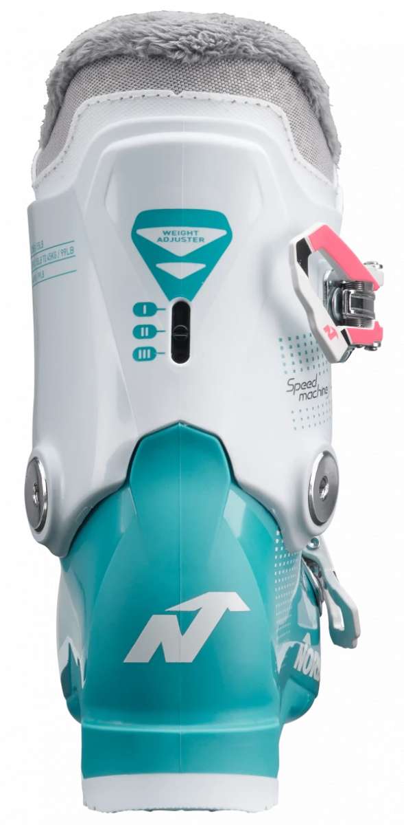 Nordica's Junior Speedmachine J 2 Ski Boots - White ski boots with a teal logo on the back of one boot.