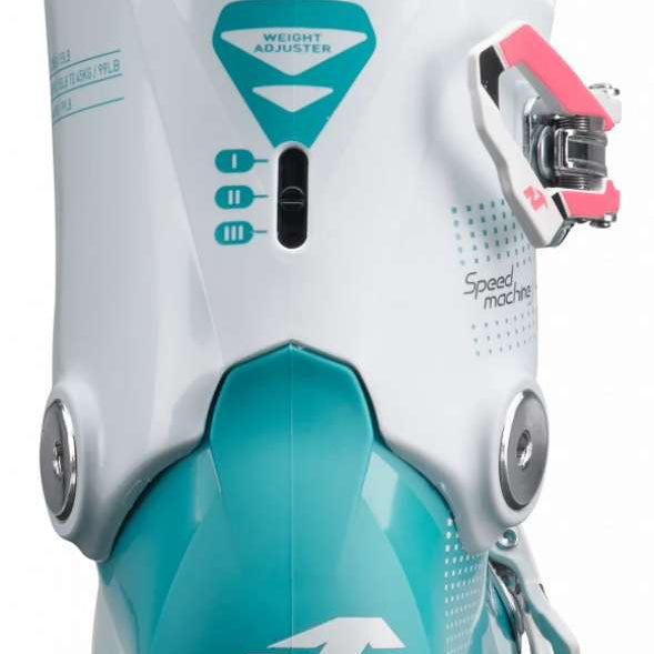 Nordica's Junior Speedmachine J 2 Ski Boots - White ski boots with a teal logo on the back of one boot.
