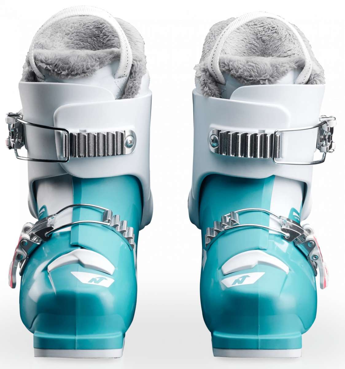 Nordica Junior's Speedmachine J 2 Ski Boots 2024 - White ski boots with silver buckles and straps.