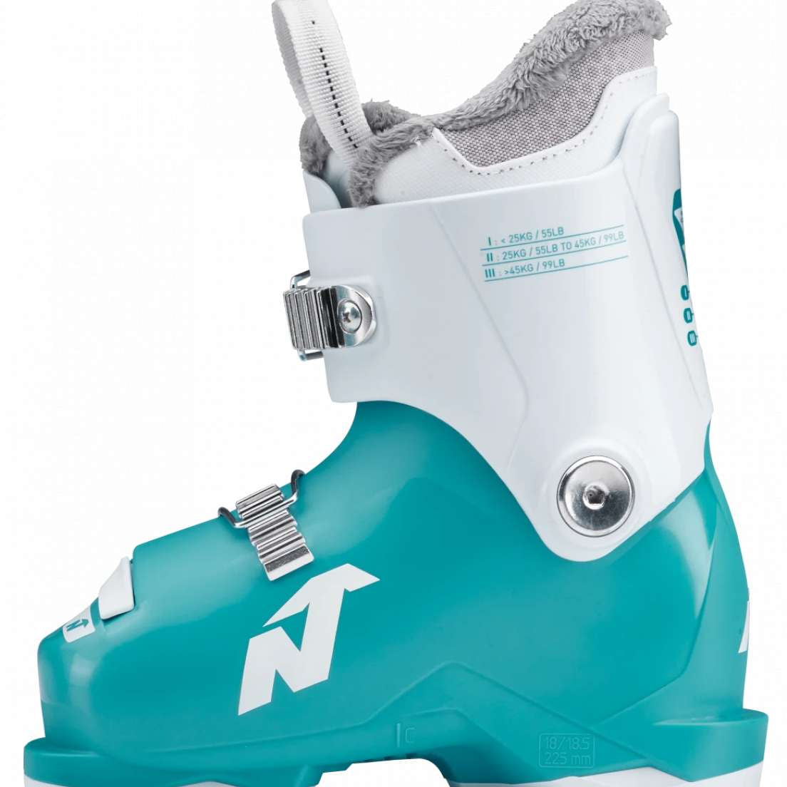 Nordica's Junior Speedmachine J 2 Ski Boots - White ski boots with silver buckles and straps.