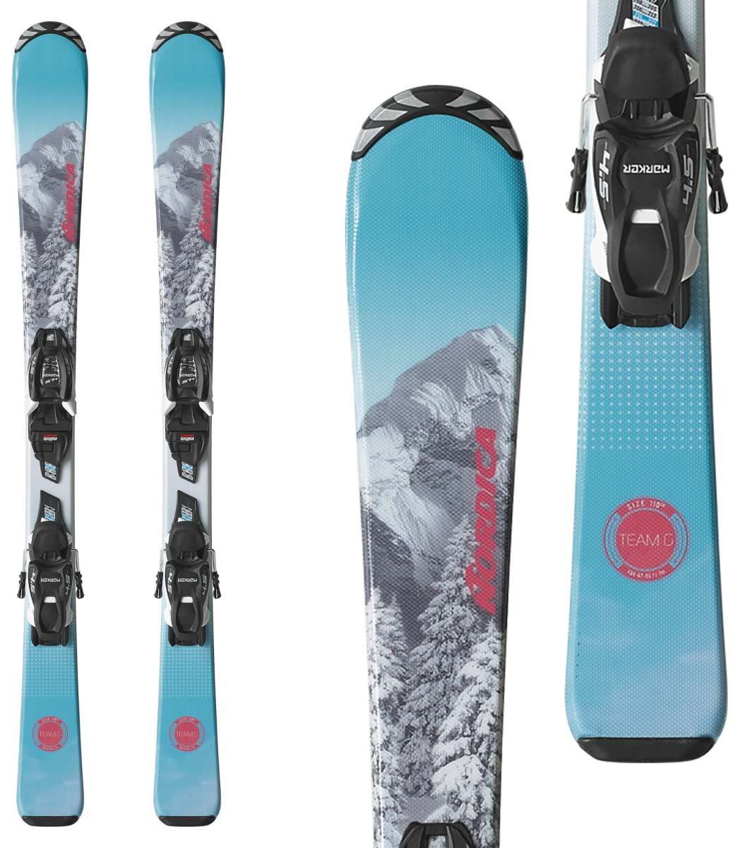 Nordica Junior's Team G Skis with 4.5 FDT Bindings 2024 - A pair of blue skis with a mountain and tree graphic, featuring black bindings.