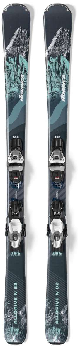 Nordica Women's Alldrive 82 Skis with Compact 10 FDT Bindings 2023 - A pair of skis with a light blue and gray abstract design, featuring a mountain range graphic on the top.