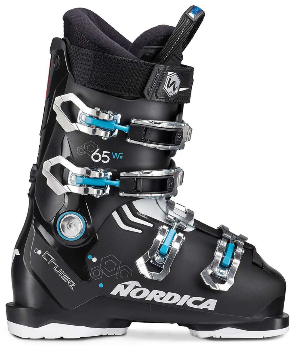 Nordica Ladies Cruise 65 R Ski Boot 2023 - Black ski boot with silver buckles and blue accents.