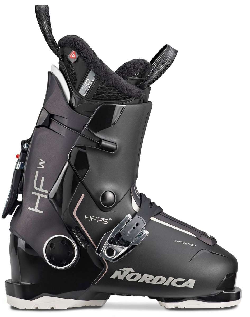 Nordica Women's HF 75 Ski Boots 2024 - Black ski boots with silver lettering and a white sole.