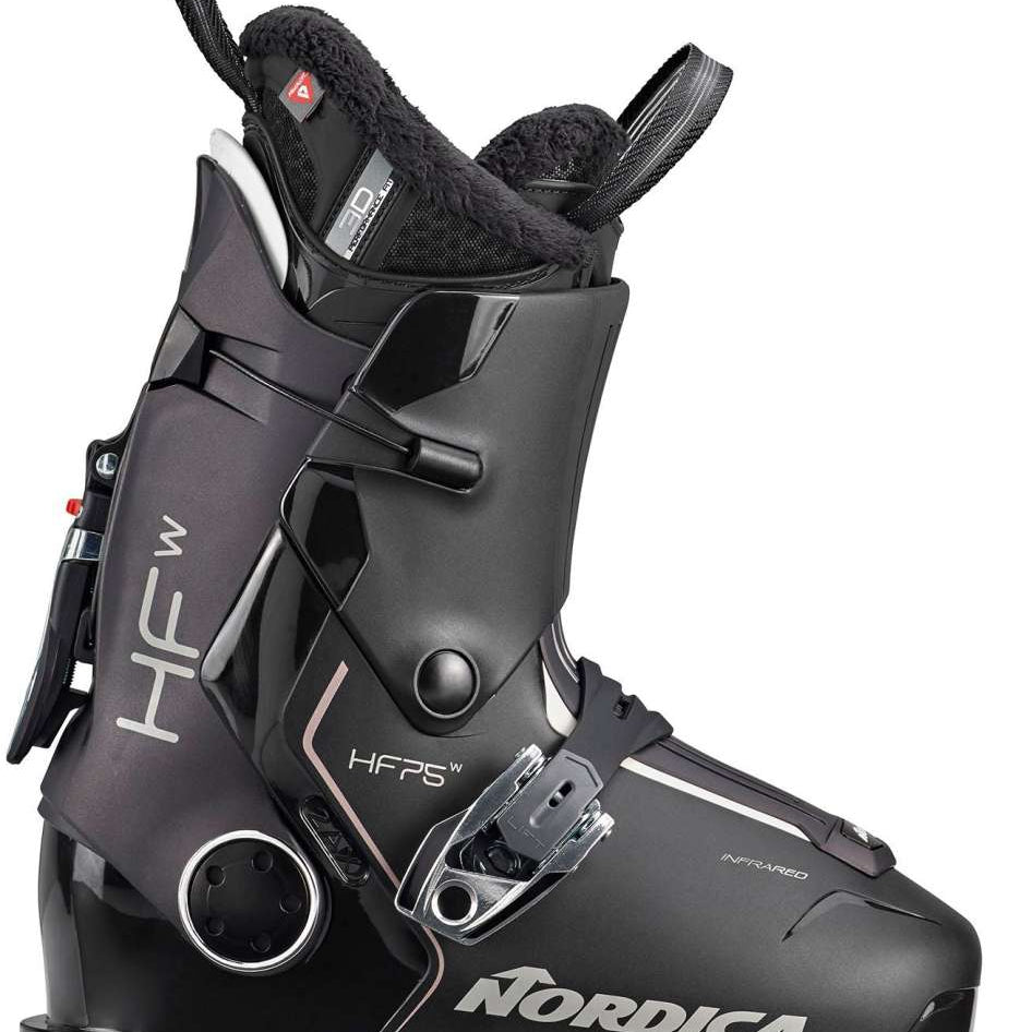 Nordica Women's HF 75 Ski Boots 2024 - Black ski boots with silver lettering and a white sole.