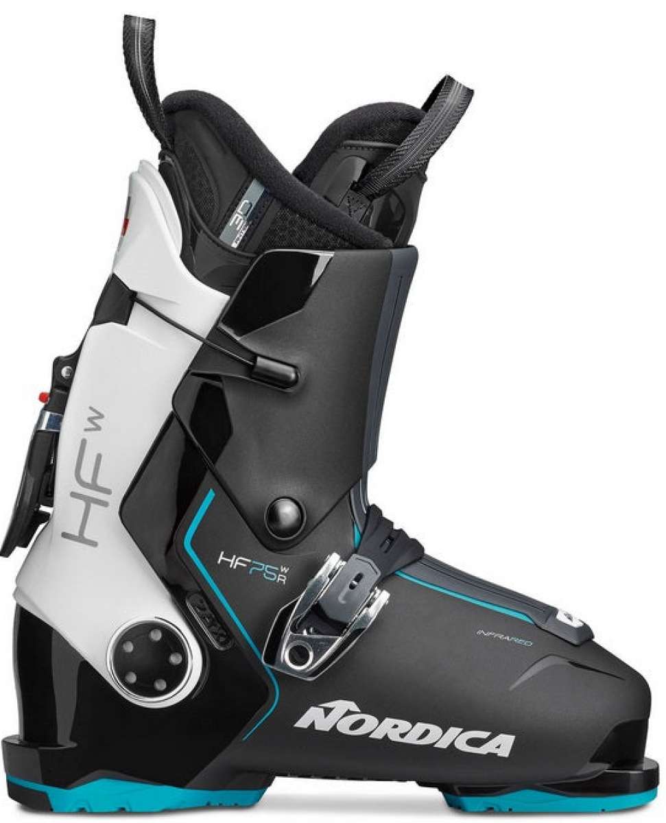 Nordica Ladies HF 75 R Ski Boots 2024 - A pair of black ski boots with blue accents and a white logo on the side.