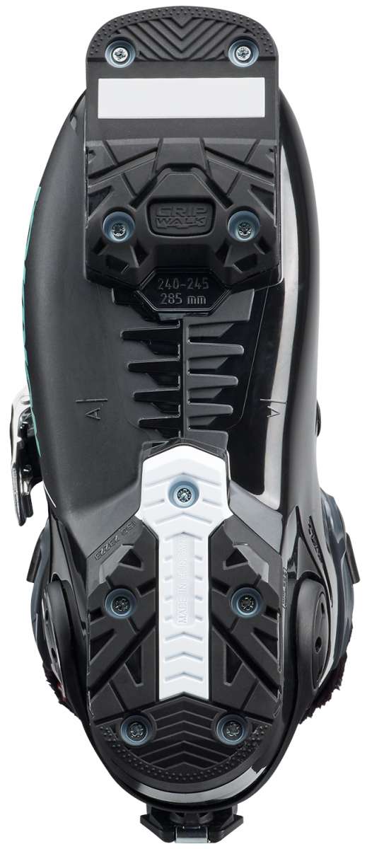 Nordica Women's HF 85 Ski Boots 2024 - Black ski boots with a textured, rubberized toe cap and silver screws on the heel.