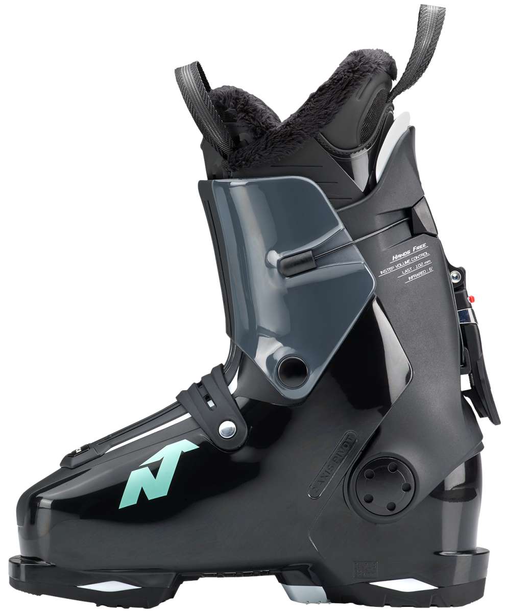 Nordica Women's HF 85 Ski Boots 2024 - Black ski boots with a shiny finish and silver buckles.