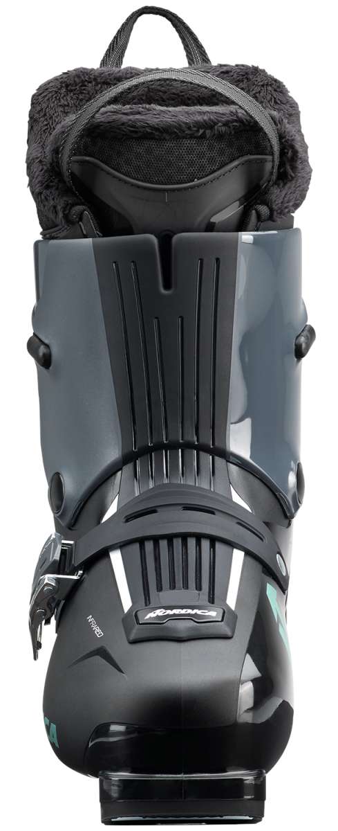 Nordica Women's HF 85 Ski Boots 2024 - Black ski boots with a textured pattern on the side and silver buckles.