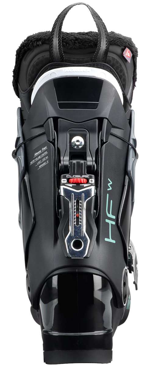 Nordica Women's HF 85 Ski Boots 2024 - Black ski boots with white accents and silver buckles.
