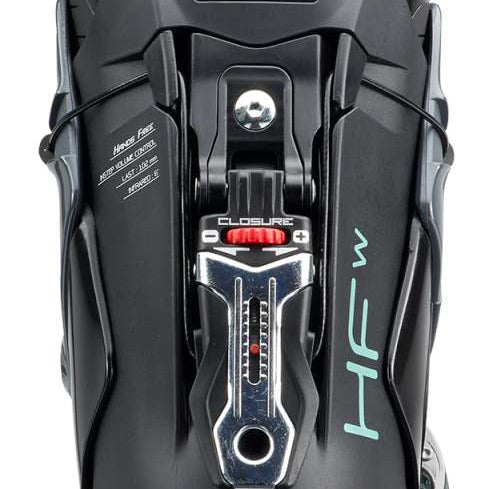 Nordica Women's HF 85 Ski Boots 2024 - Black ski boots with white accents and silver buckles.