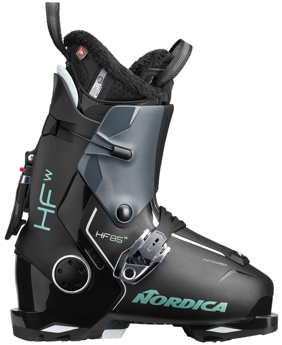 Nordica Women's HF 85 Ski Boots 2024 - Black ski boots with a shiny finish and silver buckles.