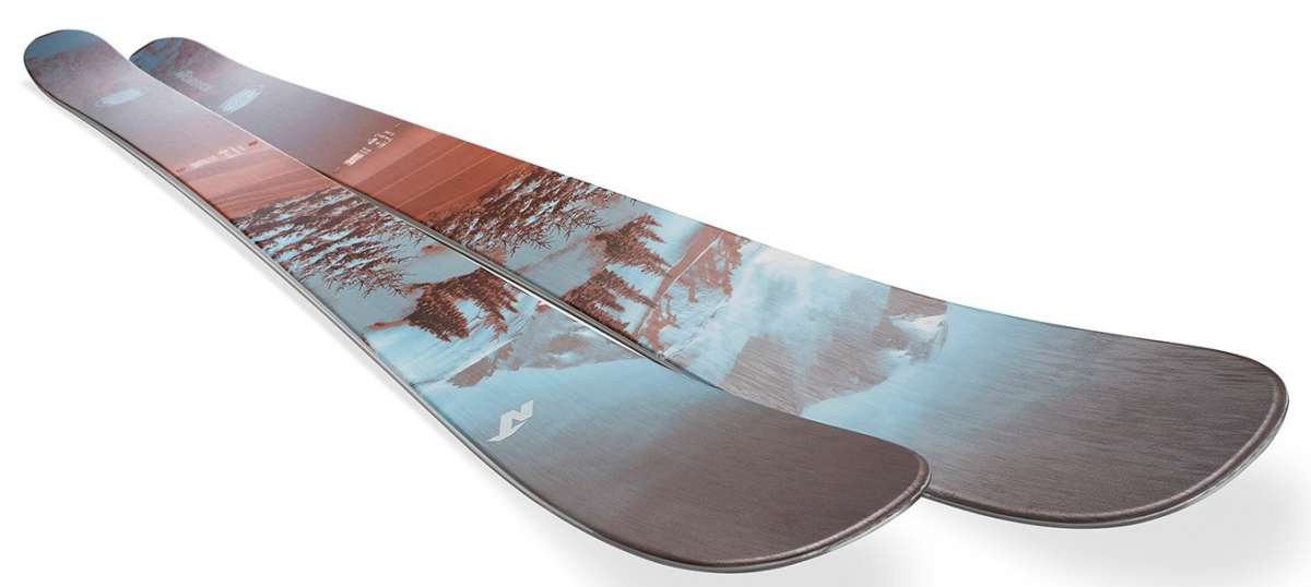 Nordica Ladies Santa Ana 104 Free Skis 2024 - A pair of skis with a brown and white color scheme, featuring a distinctive pattern on the top sheet.