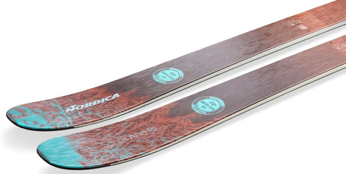 Nordica Ladies Santa Ana 104 Free Skis 2024 - A pair of skis with a brown and blue marbled pattern on the tips, featuring white lettering that reads "Santa Ana" in cursive.