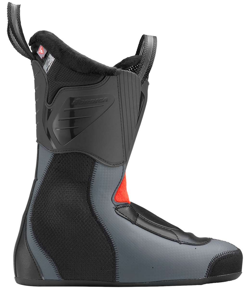Nordica Ladies Speedmachine 3 85 Ski Boot 2023 - A black ski boot with a red logo on the side and a white tag at the top.