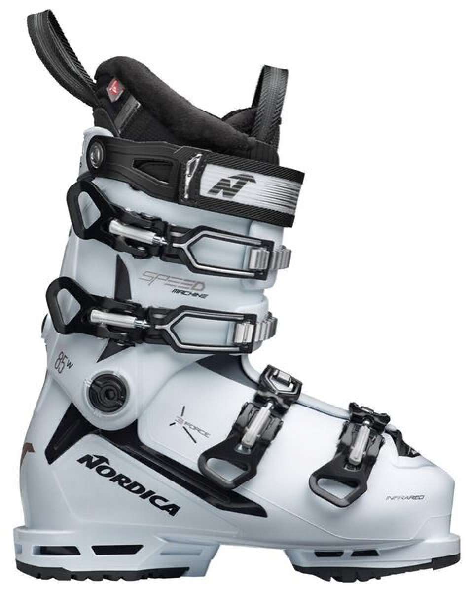Nordica Ladies Speedmachine 3 85 Ski Boot 2023 - White ski boot with black accents and silver buckles.