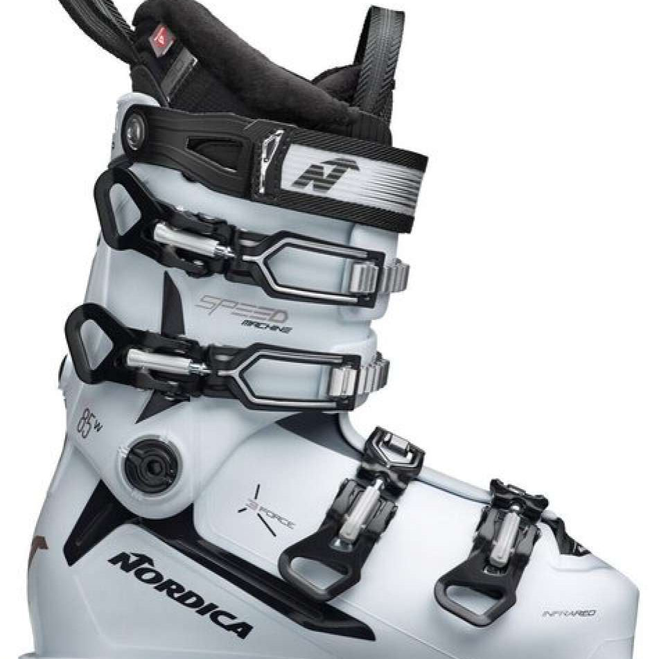Nordica Ladies Speedmachine 3 85 Ski Boot 2023 - White ski boot with black accents and silver buckles.