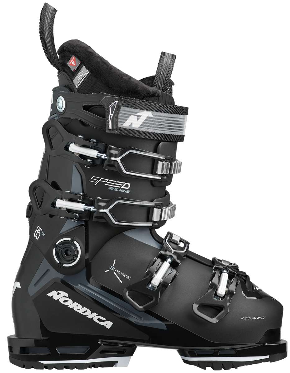 Nordica Ladies Speedmachine 3 85 Ski Boot 2023 - Black ski boot with white lettering and silver buckles.