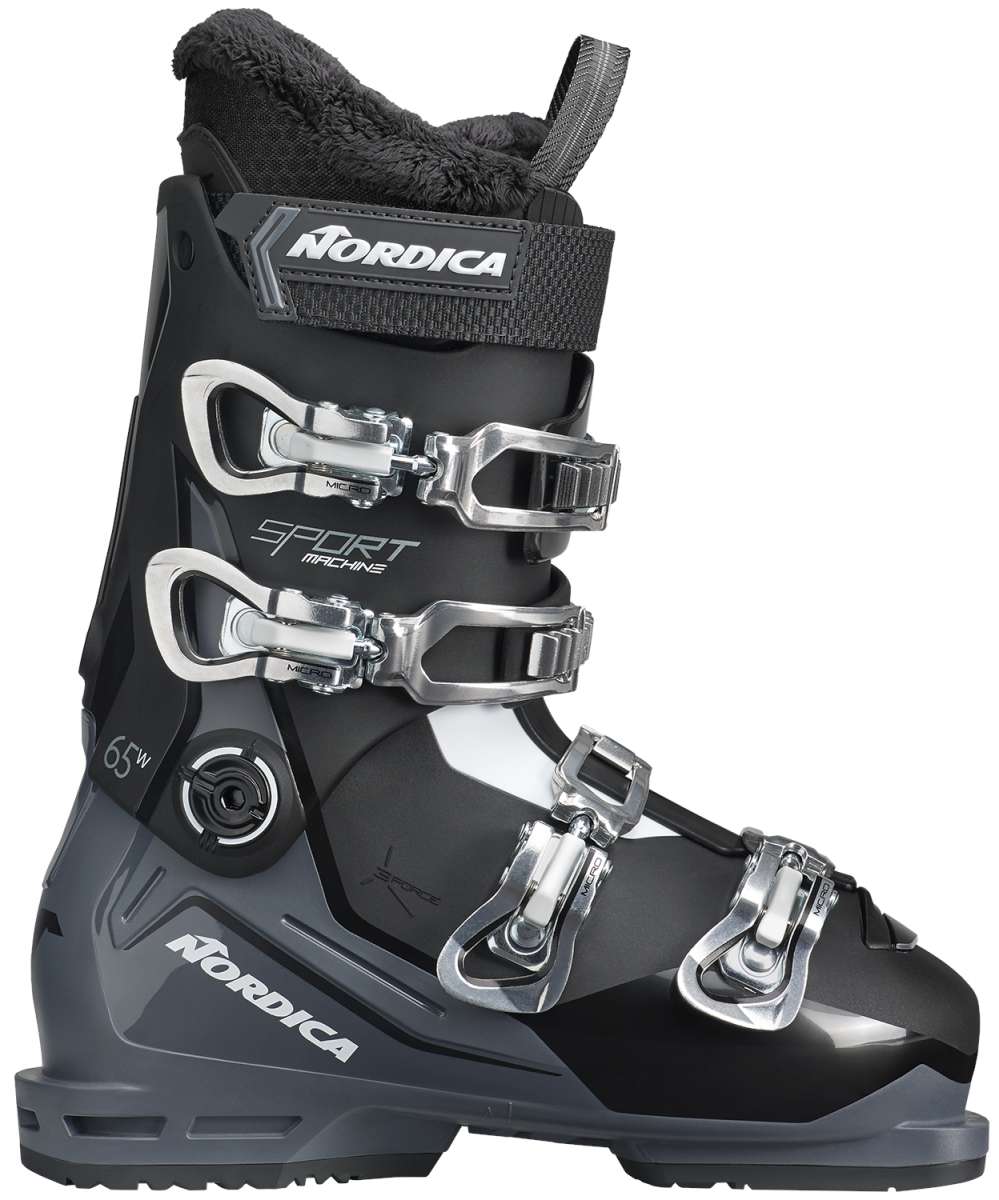 Nordica Ladies Sportmachine 3 65 Ski Boots 2024 - Black ski boots with silver buckles and straps.