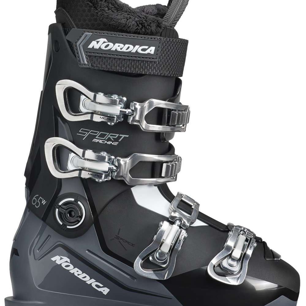 Nordica Ladies Sportmachine 3 65 Ski Boots 2024 - Black ski boots with silver buckles and straps.