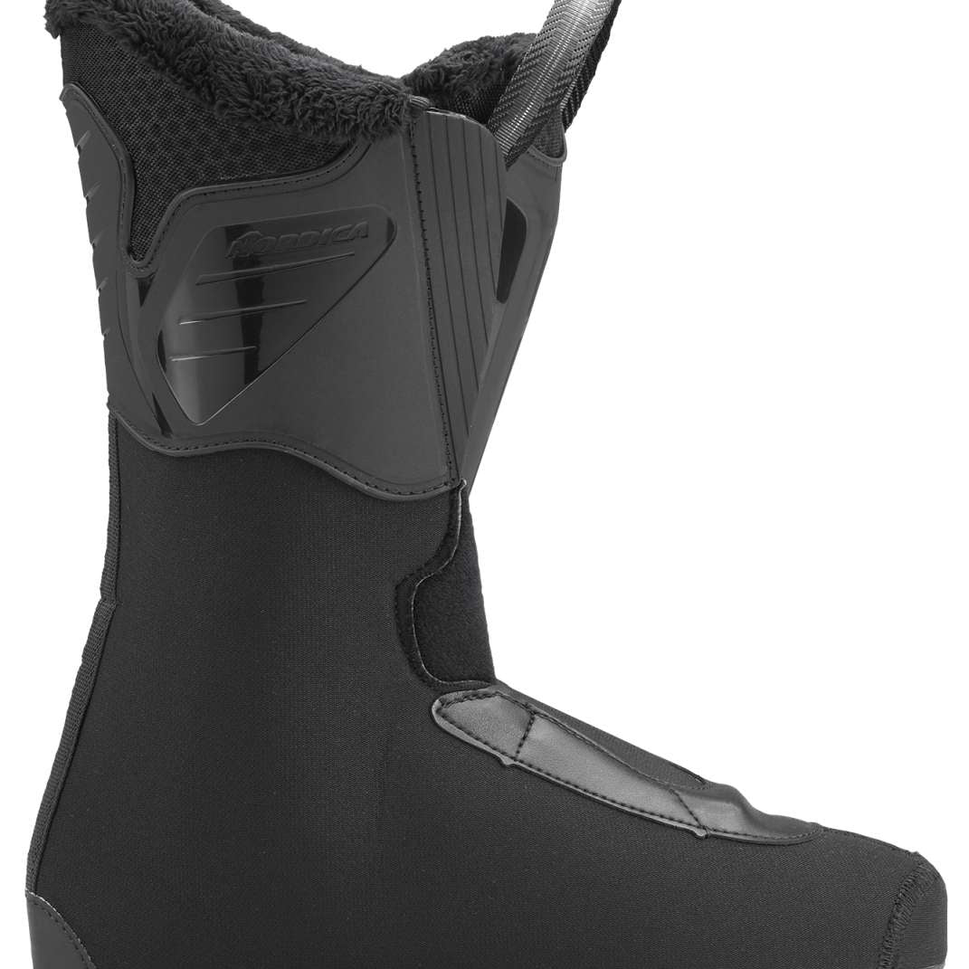 Nordica Ladies Sportmachine 3 65 Ski Boots 2024 - A pair of black ski boots with a textured pattern on the side and a shiny silver buckle.