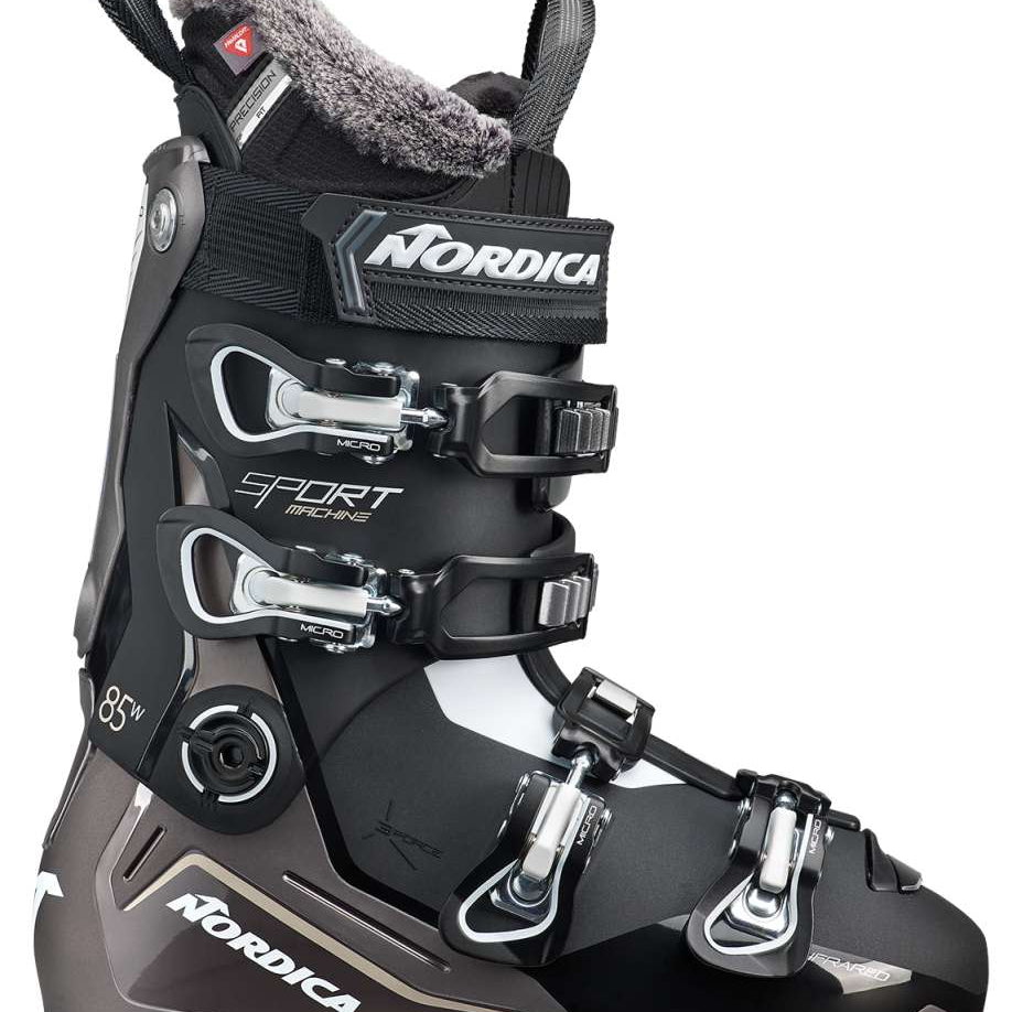 Nordica Ladies Sportmachine 3 85 Ski Boot 2023 - Black ski boot with white lettering and silver buckles.