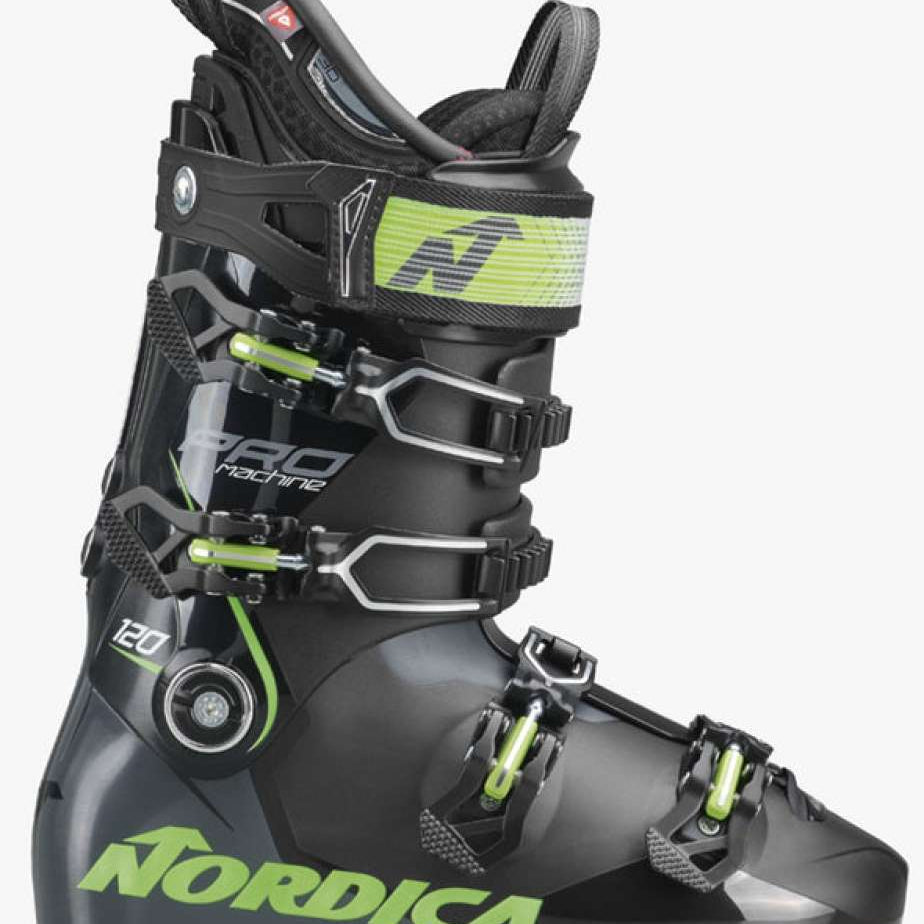 Nordica Pro Machine 120 Ski Boots 2024 - Black ski boots with lime green accents and silver buckles.