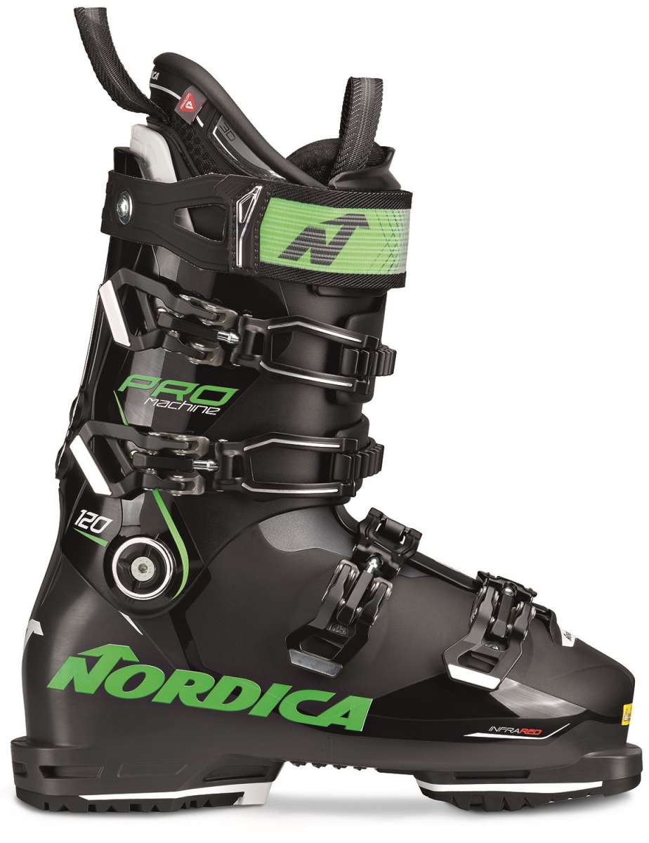 Nordica Pro Machine 120 Ski Boot 2023 - Black ski boot with lime green accents and white lettering.